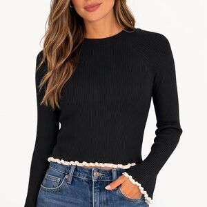 Zara Black Ribbed Long-Sleeve Top with Cream Ruffle Trim